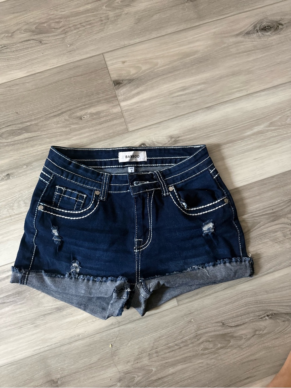 BAMBOO Navy Blue Distressed Rolled-Hem Denim Shorts